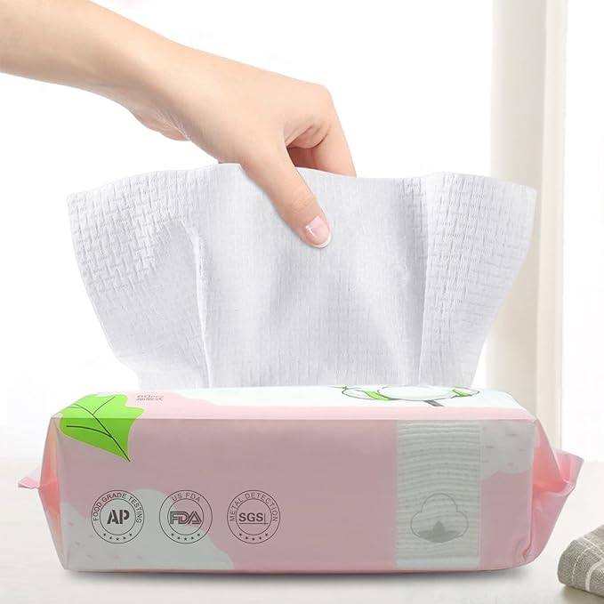 Disposable Face Towel Dry Wipes, 100% Cotton Facial Tissue, Lint Free Facial