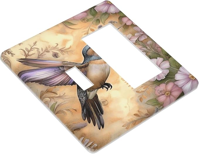 Decorative Art Light Switch Covers Blossom & Hummingbird 2 Gang Single Toggle Rocker Combination Electrical Faceplate Switchplate Wall Plate for Home Decor