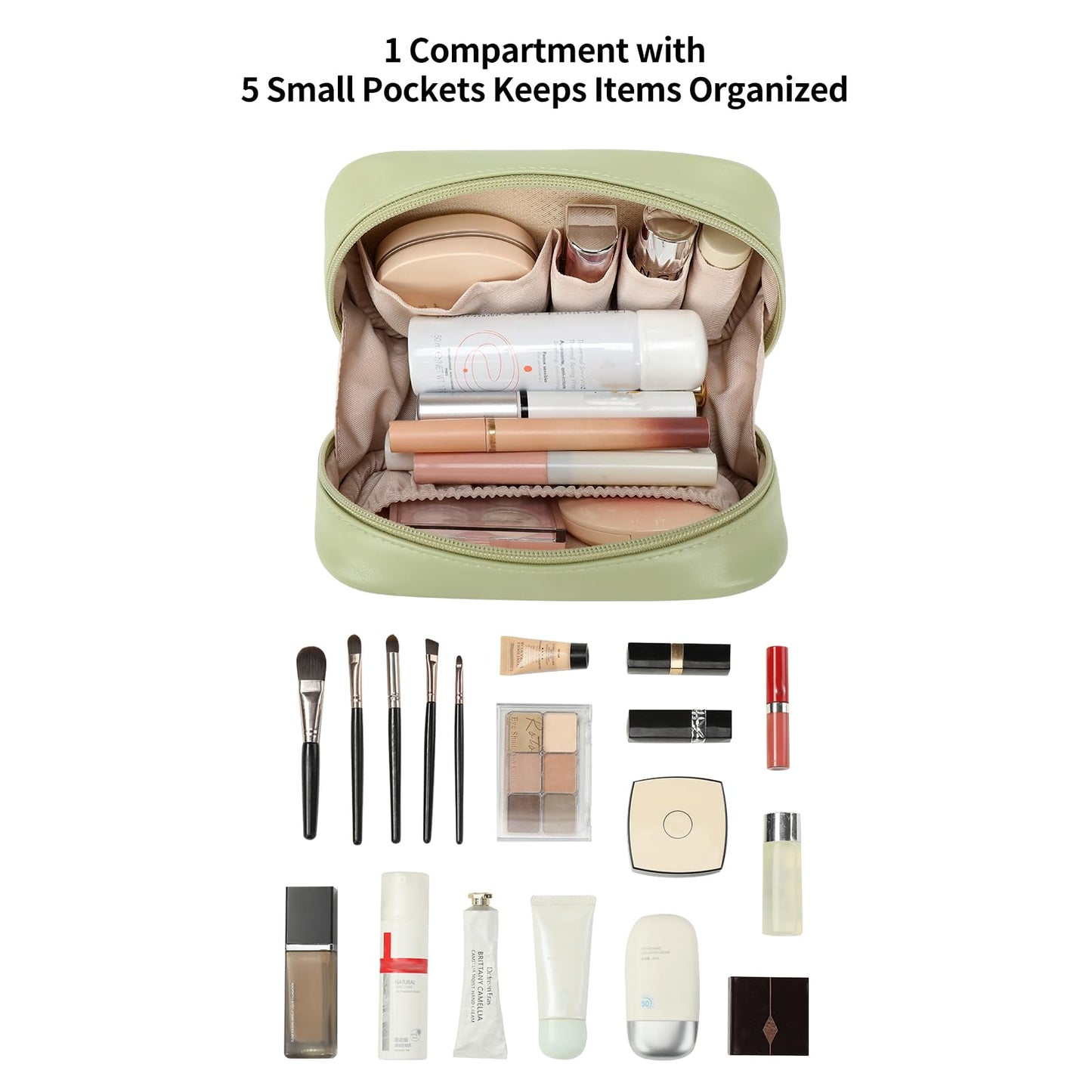 RIGHT AWAY Small Makeup Bag for Purse,Travel Cosmetic Bag Organizer for Women,Cute Make Up Pouch Waterproof Toiletry Bag with Zipper,Portable Makeup Case Skincare Bag for Travel Accessories(Green)