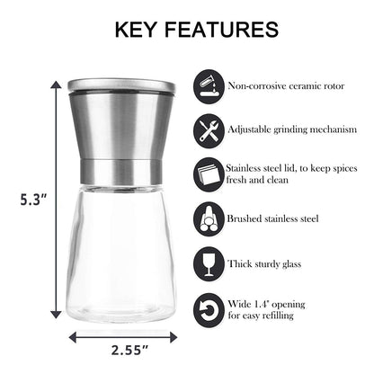 Mincham Manual Salt or Pepper Grinder for Professional Chef, Best Spice Mill with Stainless Steel Cap, Ceramic Blades and Adjustable Coarseness, Refillable Glass Body with 6OZ Capacity