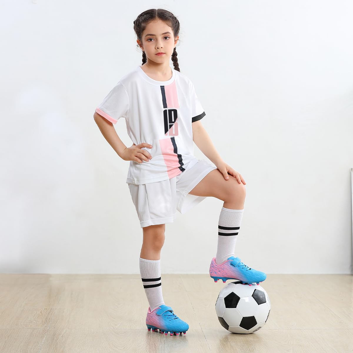 brooman Kids Firm Ground Soccer Cleats Boys Girls Athletic Outdoor Football Shoes(13,Blue Pink)