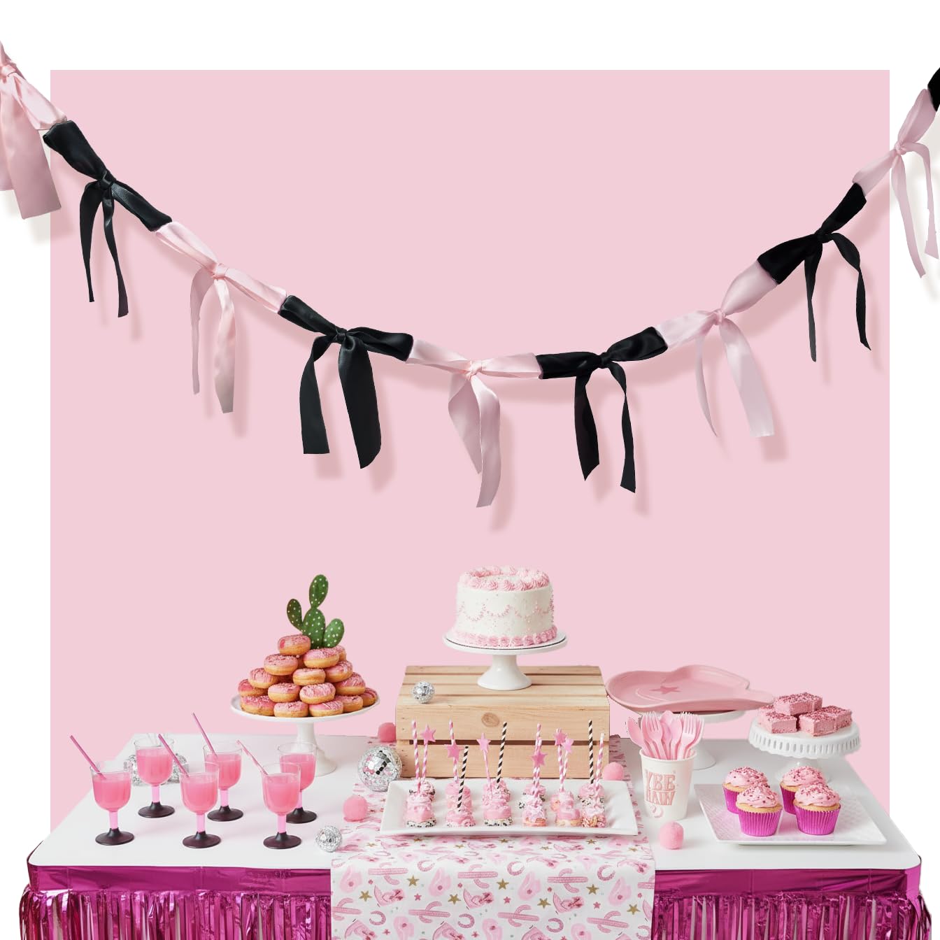 Eanjia Pink & Black Satin Bow Garland 6FT | Coquette & Cowgirl Birthday Banner, Pre-Tied Ribbon Bow Knot Decoration for Girls, Bridal Shower, Baby Room & Party Backdrop Decor
