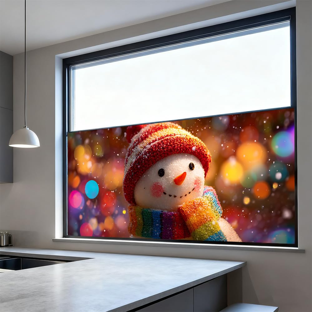 WDESYADMS Window Film 39.4×17.3 Inch PVC Snowman with Rainbow Scarf Winter Lights Pattern Decorative Window Film for Home Privacy Enhancement Seasonal Christmas Window Covering