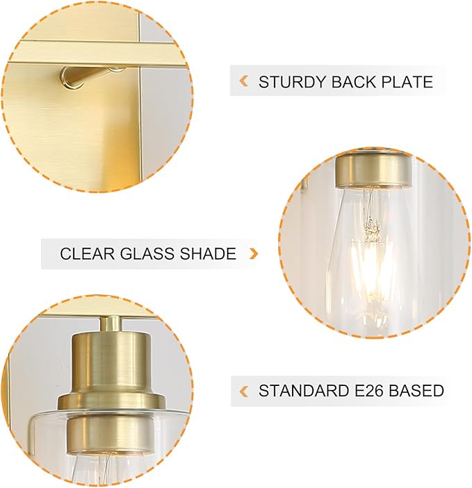 Brass Bedside Wall Sconces Set of 2, 1-Light Gold Bathroom Vanity Lights Fixtures with Clear Glass Shade, Farmhouse Modern E26 Wall Lamp for Hallway Living Room Bedroom