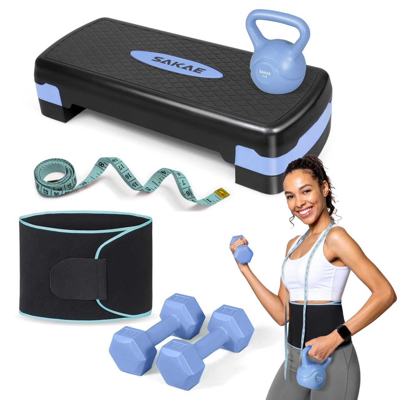 Adjustable Exercise Stepper Kit with Dumbbells & Kettlebell & Weightlifting Belt & Measuring Tape, 2 Level Risers Aerobics Step Platform for Home Gym Exercise Fitness Workout, Blue Black