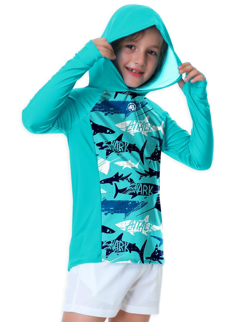 Kids Hooded Swim Top Boys Shark Print Sun Shirt Rash Guard Uv Protection Athletic SPF Shirts Aqua 7-8 Years