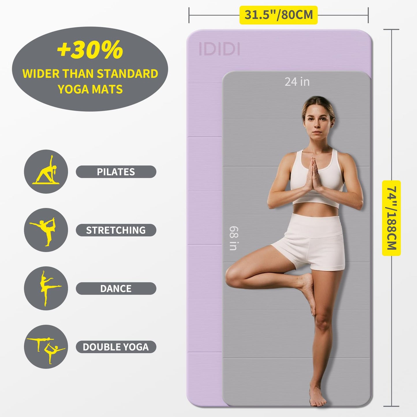 Foldable Extra Large Yoga Mat 74"×31.5", 8mm Double-Sided Non Slip Lightweight Fitness Mat for Adults & Kids, Portable for Home Studio & Travel