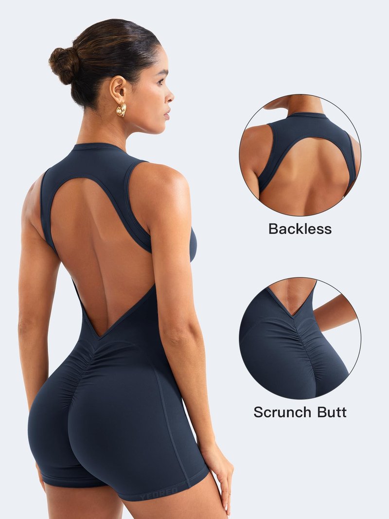 YEOREO Backless Workout Jumpsuits Women One Piece Sleeveless Jumpsuit with Pads Tessia Scrunch Butt Yoga Romper Navy L