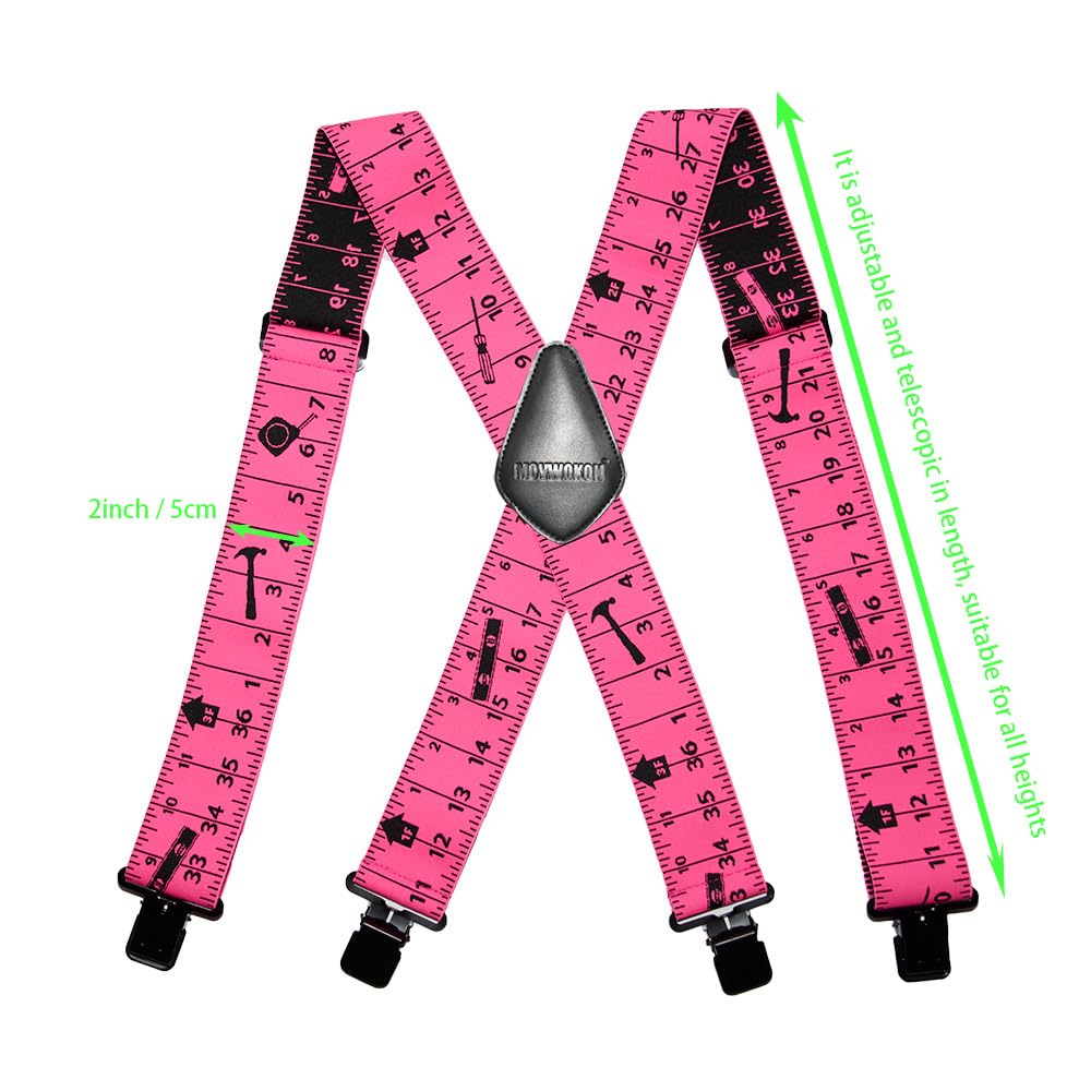Movwokon Men's 2" Wide Heavy Duty X-Back Elastic Suspenders, Strong Metal Clips, Adjustable for Tool Belt/Carpenter(pink)