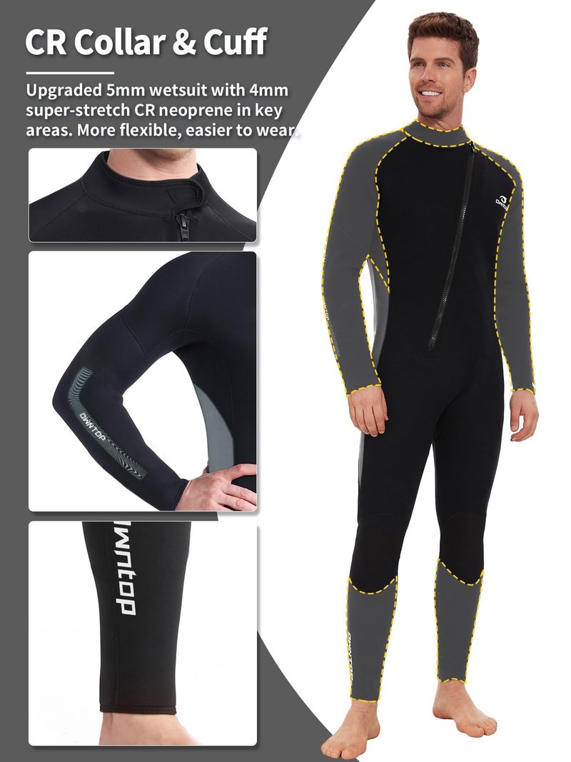 Owntop 5mm Wetsuit for Men - Long Sleeve Full Diving Suits Stretch One Piece Dive Skin UPF50+ Thermal Neoprene Swimwear Ideal for Scuba Surfing Snorkeling, Gray XL