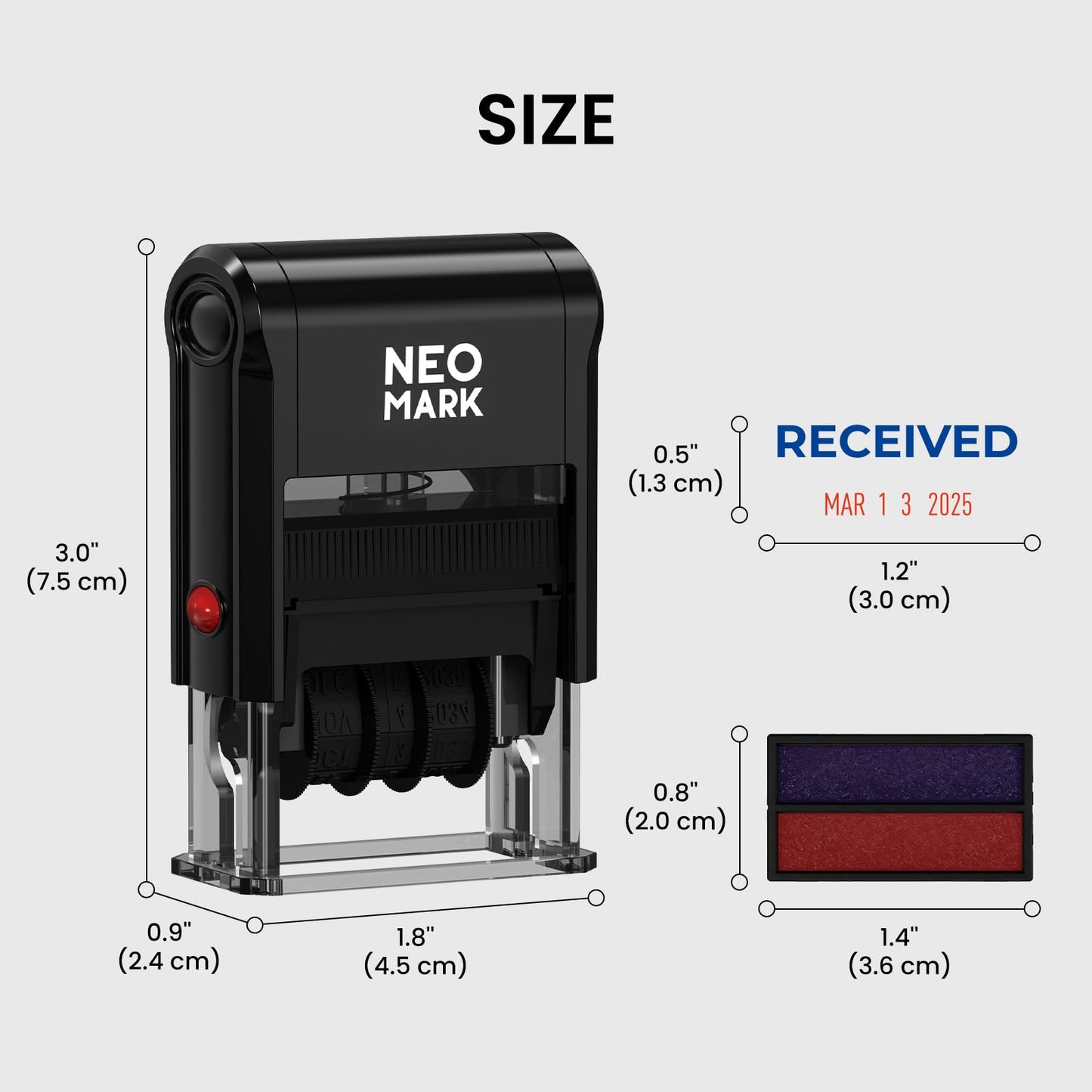 NEO MARK Self-Inking Date Office Stamp with Received Blue Ink & Date Red Ink, 12-Year Adjustable Rubber Dater, Ideal for Documents, Business & Accounting - with an Extra Refill Ink Pad