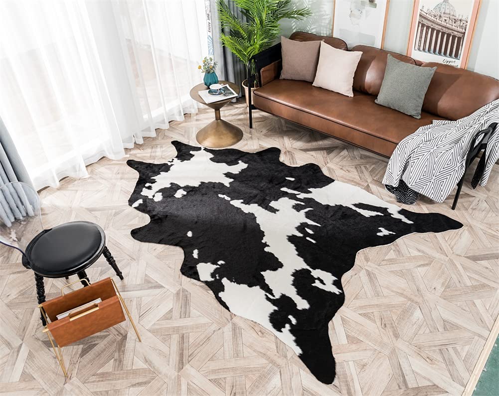 Larger Cow Print Rug Black and White Faux Hide Area Rug Faux Cowhide Rugs Animal Printed Area Rug Carpet for Home 62.2in x 86.6in/5.2 x 7.2ft