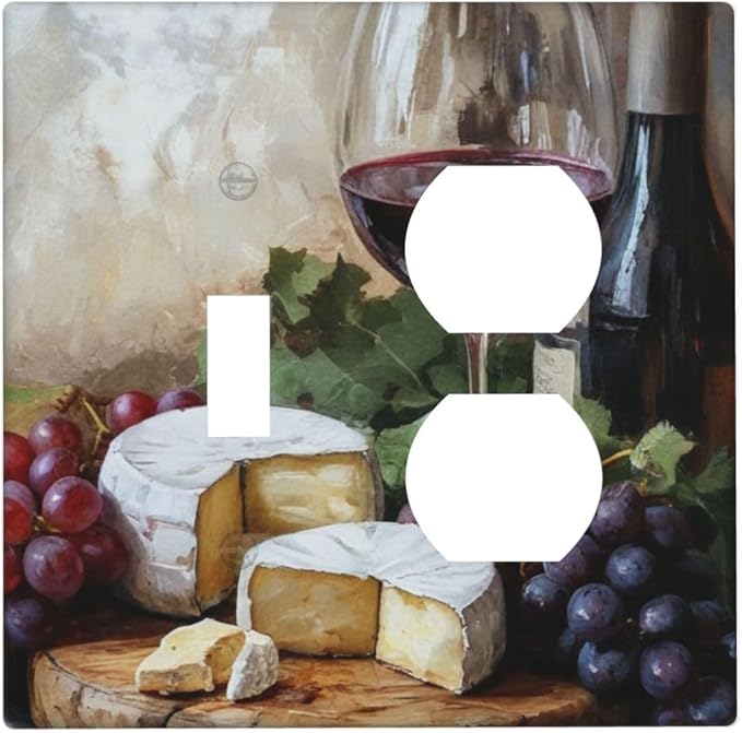 Decorative Art Light Switch Covers Wineglass & Artisanal Cheeses 2 Gang Single Toggle Duplex Combination Electrical Faceplate Switchplate Wall Plate for Home Decor