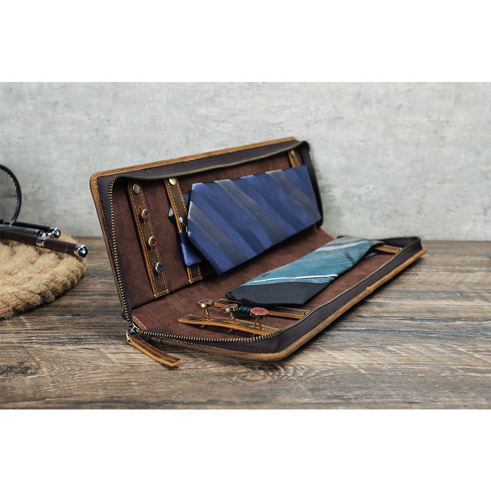 CONTACTS Ties Travel Case Leather Neckties Storage Box Formal Dress Accessories Anti Wrinkle Organizer for 2 Ties with Cufflinks Holder