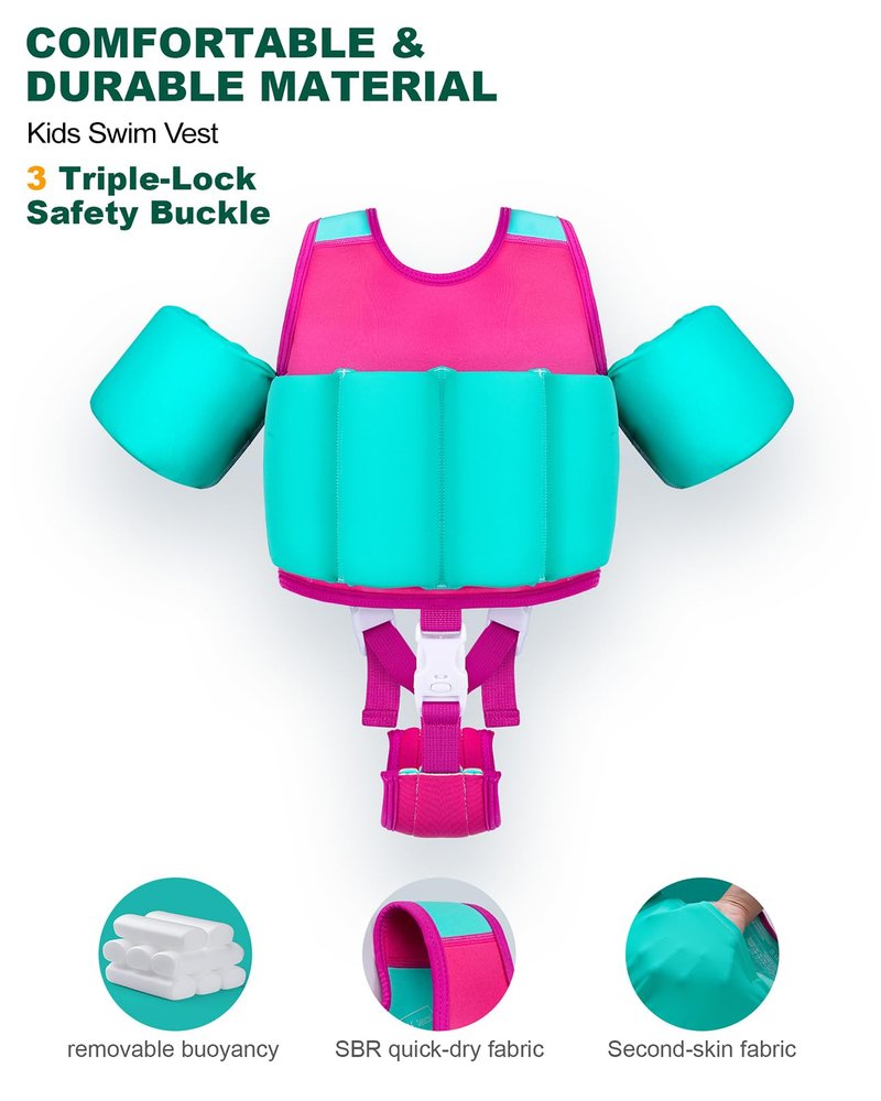 AEOCOO Kids Pool Floaties 1-2-3-5-7-9 Years Old, Toddler Swim Vest 20-30-50-70 Pounds, Comfortable Extended Wear Kids Float Jacket with Crotch Strap, Bright Design and Unpadded Sides, Pink