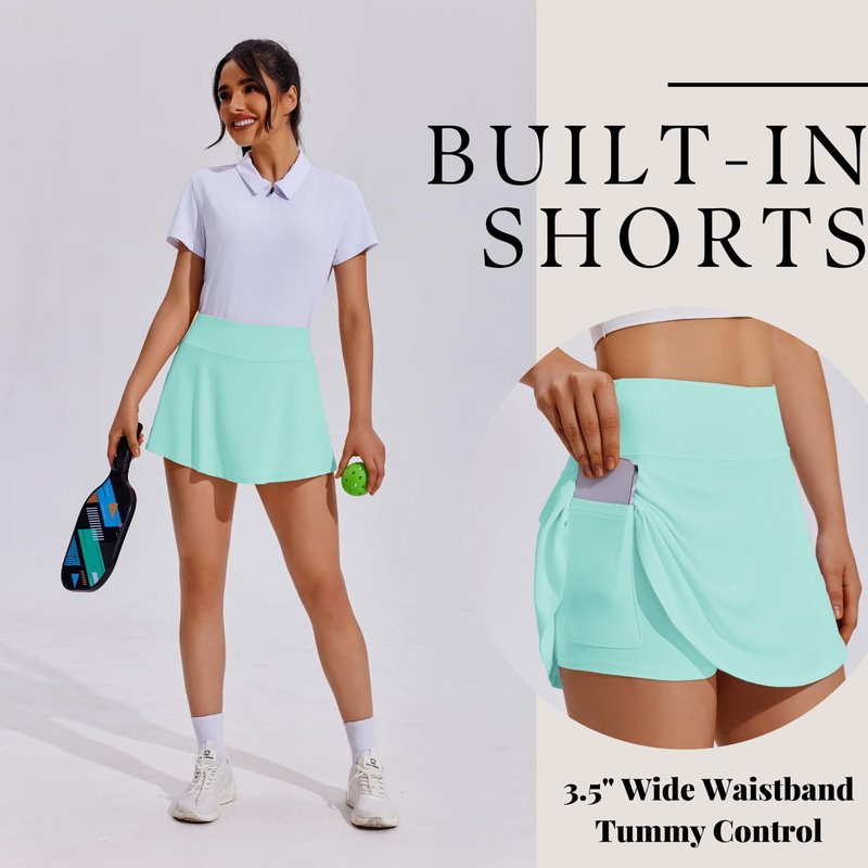 PINSPARK Women's Tennis Skirt Pleated Skort Lightweight Athletic Pickleball Skirts with Pocket Golf Clothes,Ice Green Large