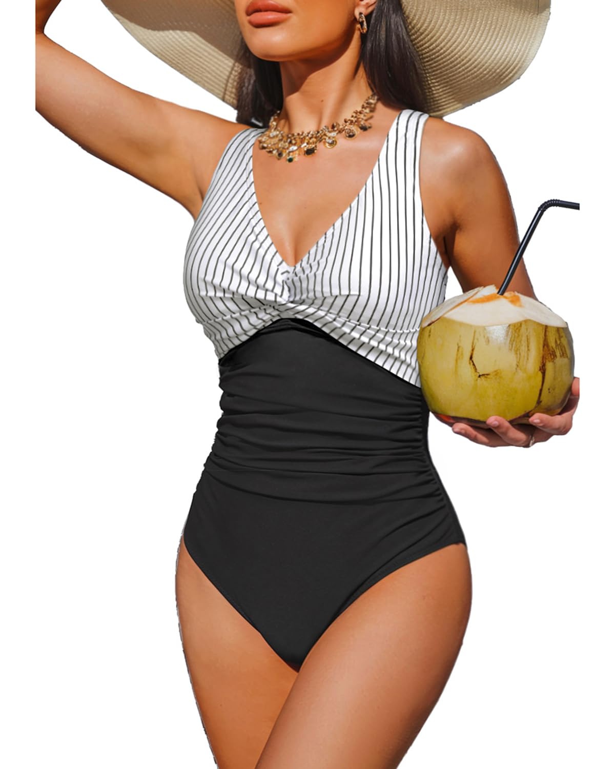Holipick Black Striped Women Tummy Control One Piece Swimsuit - Push Up Bathing Suit Full Coverage Slimming Swimwear M