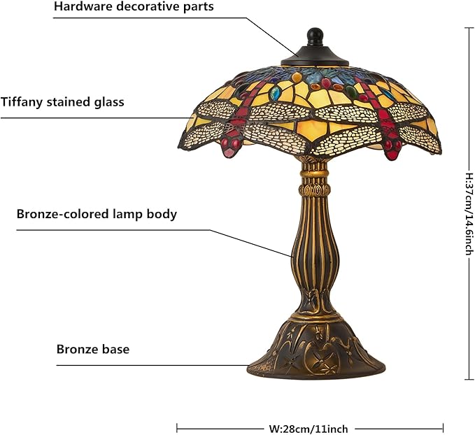Tiffany Style Table Lamp, 12 Inch Stained Glass Lamp, Antique Table Lamp, Bedside Lamp, for Nightstand Bedroom Living Room Home Office, Include LED Bulb