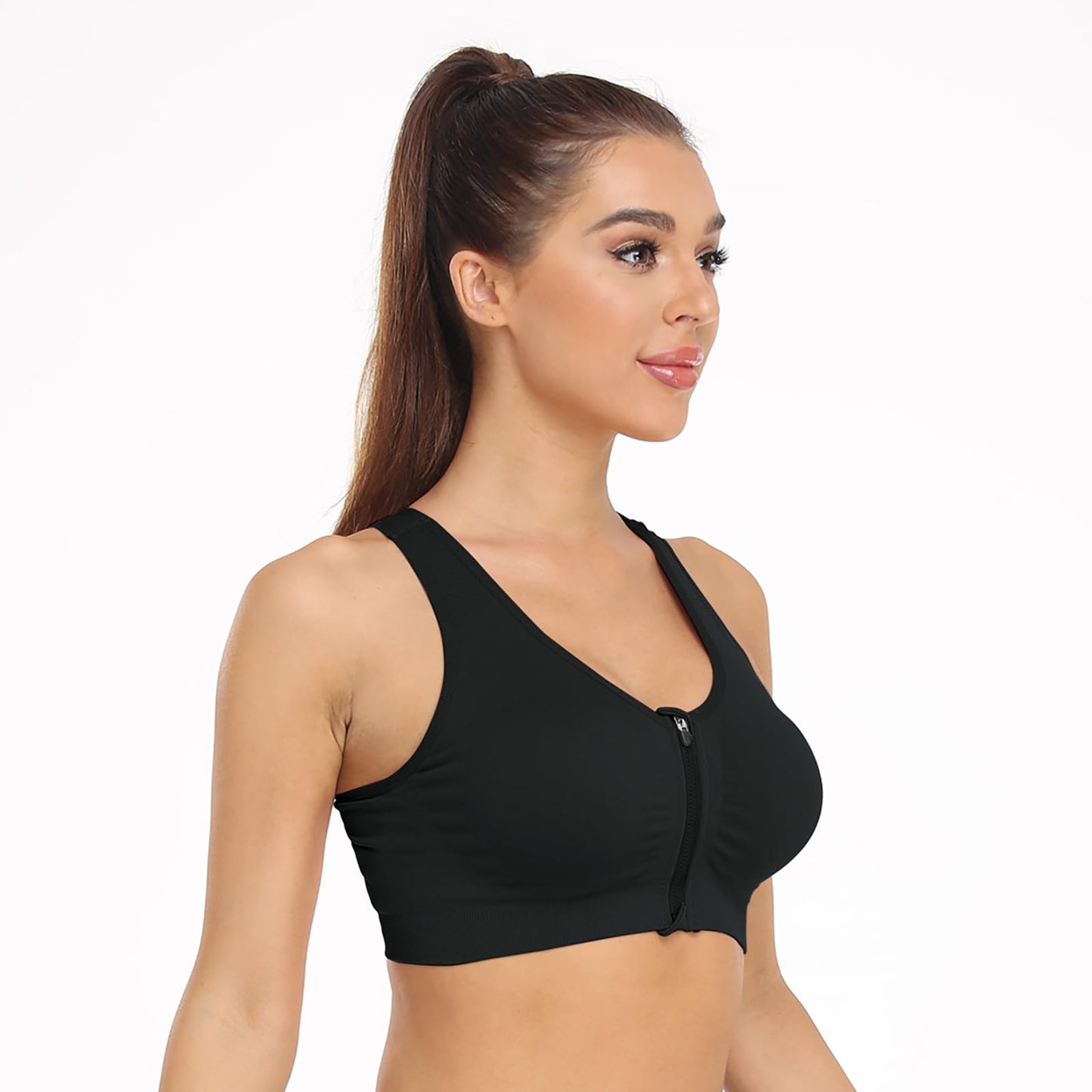 Women's Zip Front Sports Bra - Wireless, Post-Surgery, Padded, Racerback, Workout Gym Yoga Bras - 3 Pack (Large, Black+Grey+Light Blue)