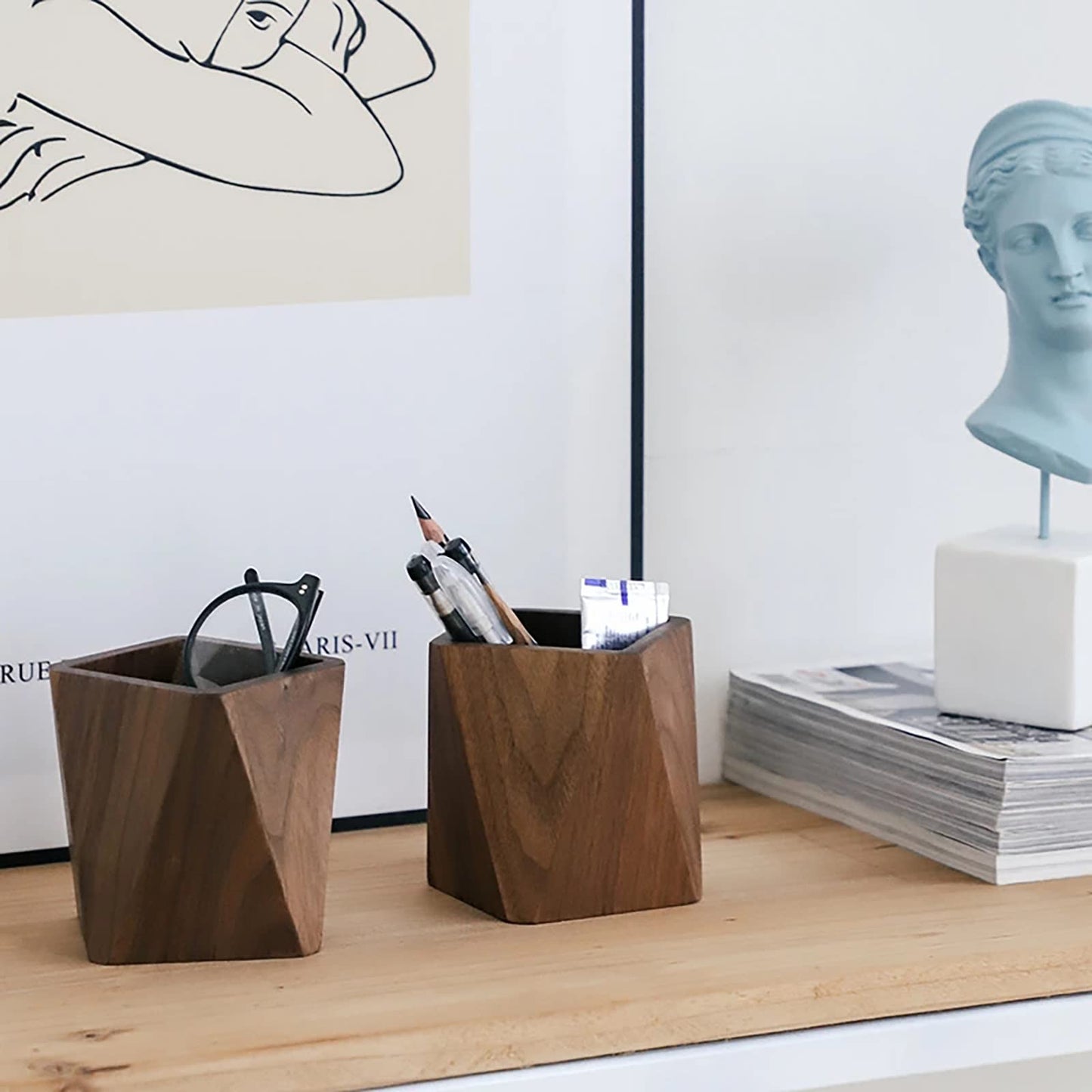 Soseelnee Black Walnut Wooden Pencil Box, Multiple-Use Desk Writing Stationary Organizer Wood Pen Holder Cups Office School Supplies Storage (Square Shape)