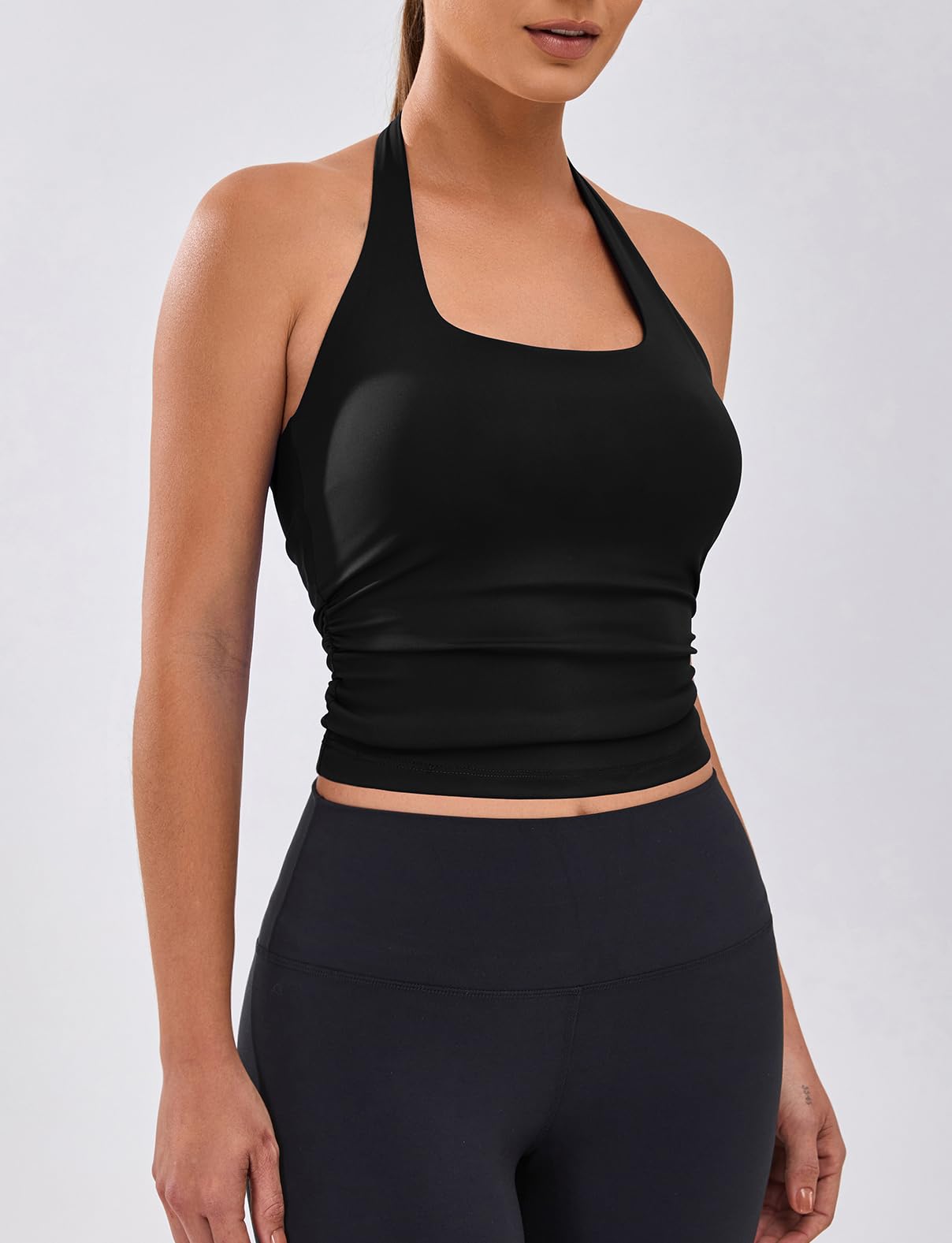 BMJL Built in Bra Tank Tops for Women Halter Workout Sports Tops Buttery Backless Strappy Gym Crop Tops（L, Black）