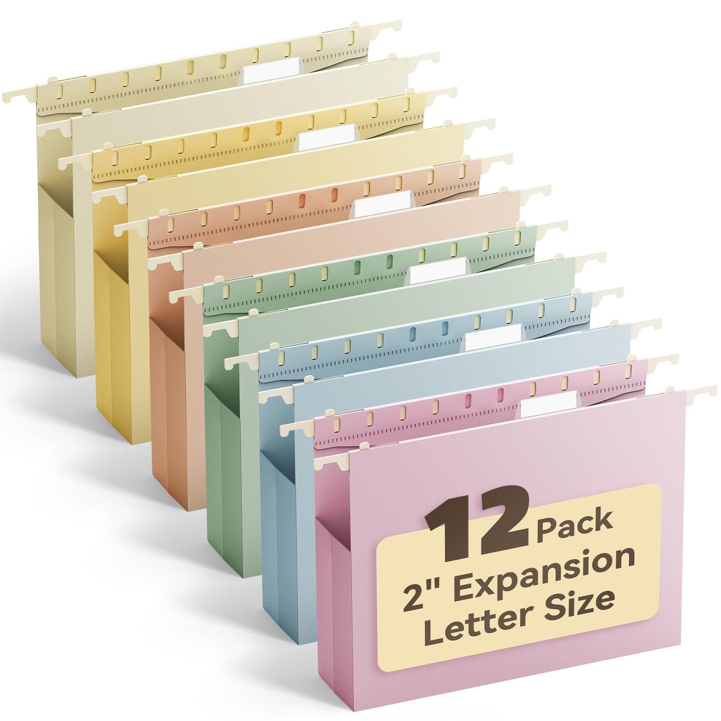 Ansook Letter Hanging File Folders Extra Capacity,Heavy Duty 2" Pastel Expandable Letter Size File Folder Hanging with Tabs,12 Pack Plastic File Cabinet Folders,Office School Hanging File Organizer