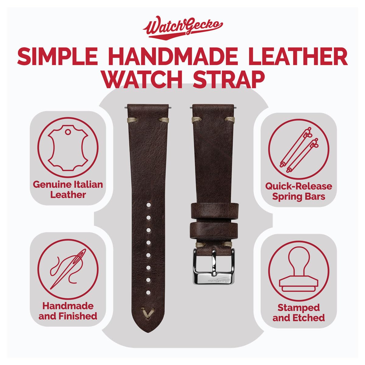 WatchGecko Vintage Simple Handmade Certified Genuine Italian Leather Replacement Watch Strap. Stylish and Durable Mens Wristwatch Strap. Simple double stitching. Easy to fit. Chocolate Brown, 20 mm