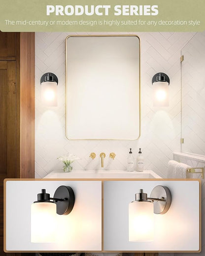 2-Pack Farmhouse Wall Sconces Light Black Bath Vanity Light Fixtures White Frosted Glass Shade Modern Wall Mounted Lighting Vintage