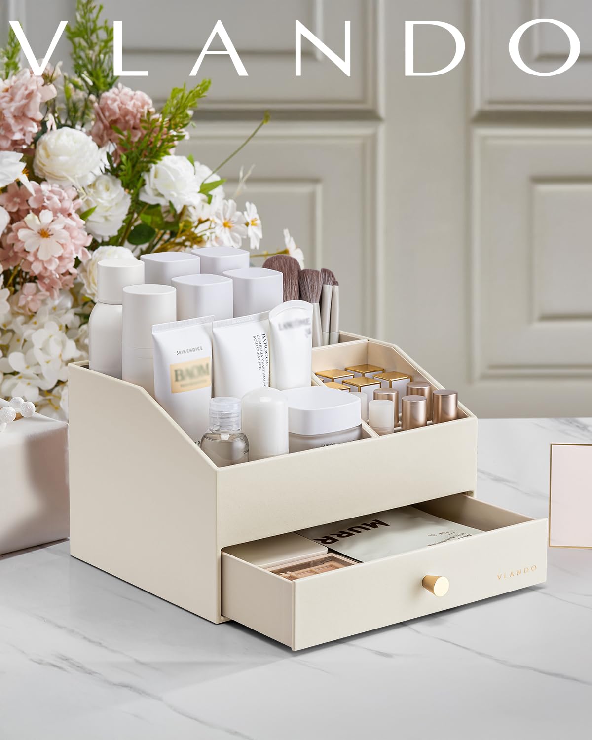VLANDO Makeup Organzier,Vanity Organizer with Drawers, PU Leather Skincare Organizer Perfume Organizer,Large Cosmetic Display Case for Lipstick,Brushes Gifts for Women-Beige