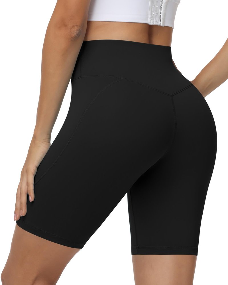 Moozava Womens 8" Gym Biker Shorts with PocketHigh Waisted Tummy Control Quick Dry Spandex Booty Shorts for Workout Athletic Yoga Running Black XS