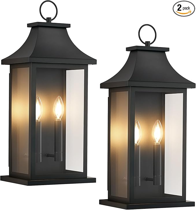 tewei 2-Pack Large Outdoor Wall Lights, 22'' Porch Light Outdoor Wall Sconce Lantern, Black Exterior Lighting Fixture Wall Mount, Outside Light for House Garage