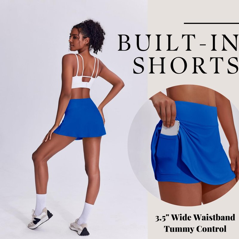PINSPARK Tennis Skirts for Women Athletic Skort with Pockets 13" Mini Golf Skirts Tummy Control, Royal Blue Large