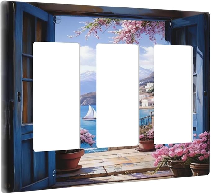 Decorative Art Light Switch Covers Seaside Window View 3 Gang Triple Rocker Outlet Switch plate GFCI Faceplate GFCI for Home Decor