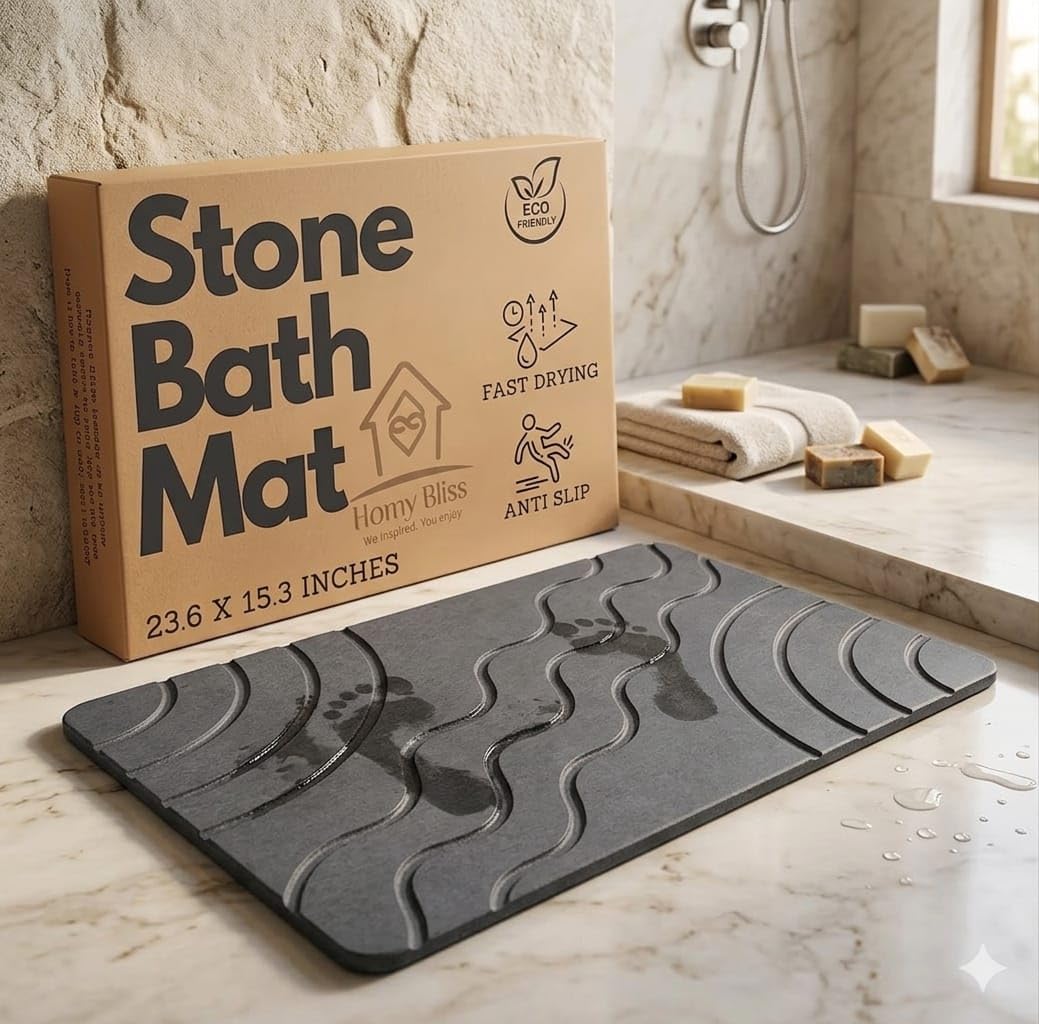 HOMY BLISS Stone Bath Mat Quick Drying Diatomaceous Earth Bath Mat Non Slip Shower Mat Super Absorbent Stone Bath Mats for Bathroom, Floor, Kitchen Counter, Easy to Clean (23.6” X 15.3”, Dark Gray)