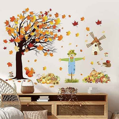 Fall Maple Leaves Wall Decals Autumn Pumpkin Scarecrow Wall Stickers Thanksgiving Fall Tree Wallpaper Cute Sqiirrel Windmill Mural DIY Removable Wall Art for Kids Bedroom Playroom