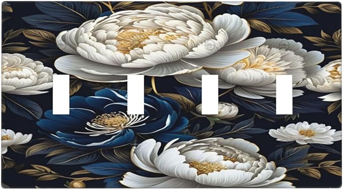 White Gold Blue Flower Light Switch Covers Quad Toggle 4 Gang Wall Plate Decorative Switchplate Electrical Faceplate for Farmhouse Bathroom Living Decor