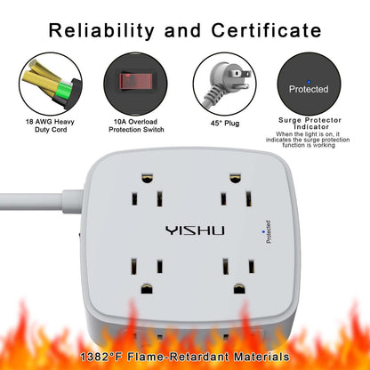 10 Ft Surge Protector Power Strip - 8 Widely Outlets with 4 USB Ports, 3 Side Outlet Extender with 10 Feet Extension Cord, Flat Plug, Wall Mount, Desk USB Charging Station, ETL, Grey