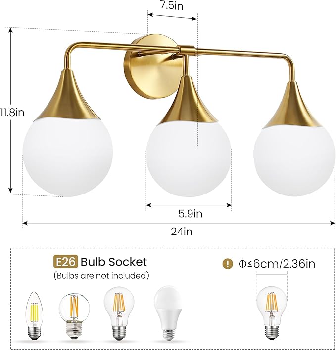 Bathroom Vanity Light Fixtures: 3-Light Mid Century Modern Bathroom Lighting Fixtures Over Mirror - Brass Gold Wall Sconce with Milky White Globe Glass for Bath Living Room
