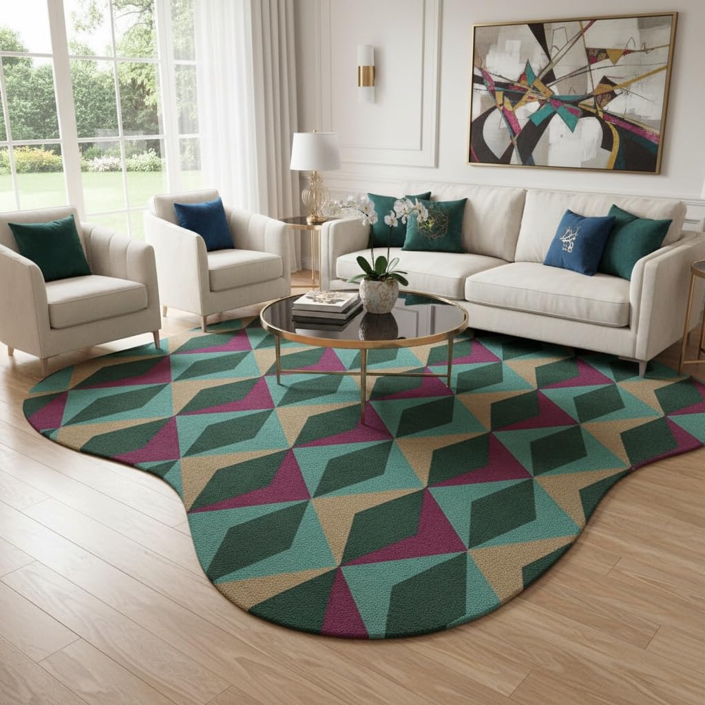 Irregular Shaped Area Rug Dark Green Tea Beige Diamond Geometric Pattern Non-Slip Washable Rug for Living Room Bedroom Home Office Minimalist Mid Century Modern Turkish Soft Indoor Floor Carpet 3ft