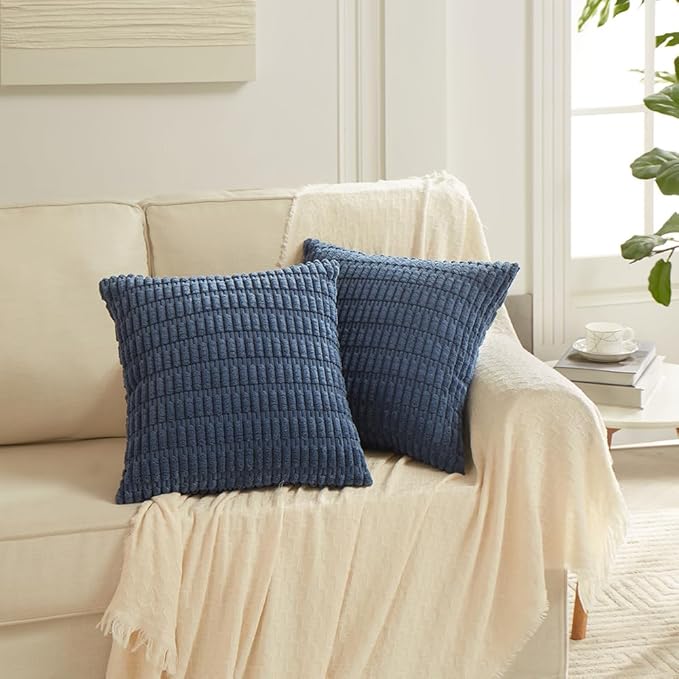 Fancy Homi Dusty Blue Decorative Throw Pillow Covers 20x20 Inch for Living Room Couch Bed Sofa, Rustic Farmhouse Boho Home Decor, Soft Striped Corduroy Square Cushion Case 50x50 cm