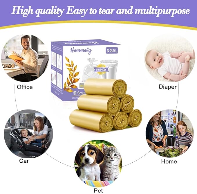 3 Gallon 180pcs Small Gold Trash Bags Plastic Strong Gold Garbage Bags