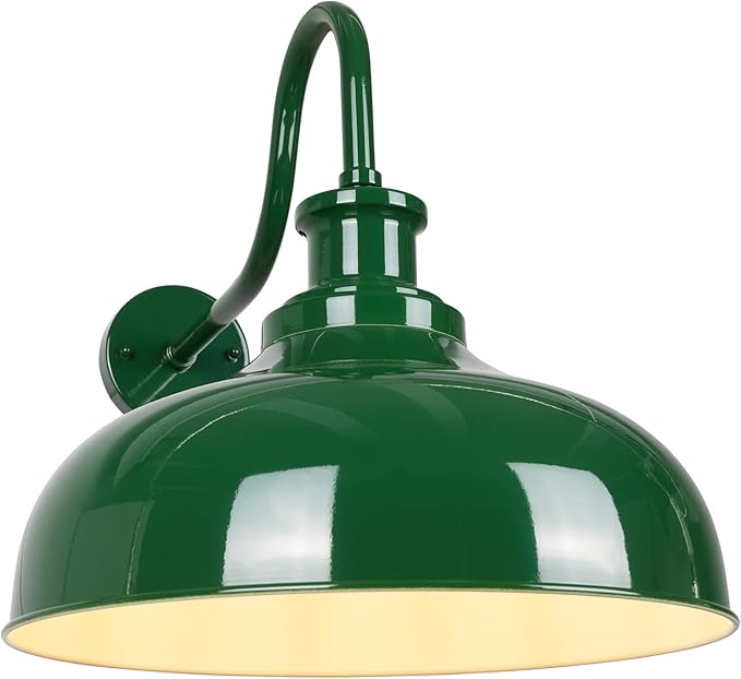 Outdoor Gooseneck Barn Light, 16 Inch Dome Rustic Outdoor Wall Sconce, Farmhouse Exterior Wall Mount Lighting Fixture, Industrial Green Wall Lantern for Porch, Entryway, Garage, RZ007L GR+WH