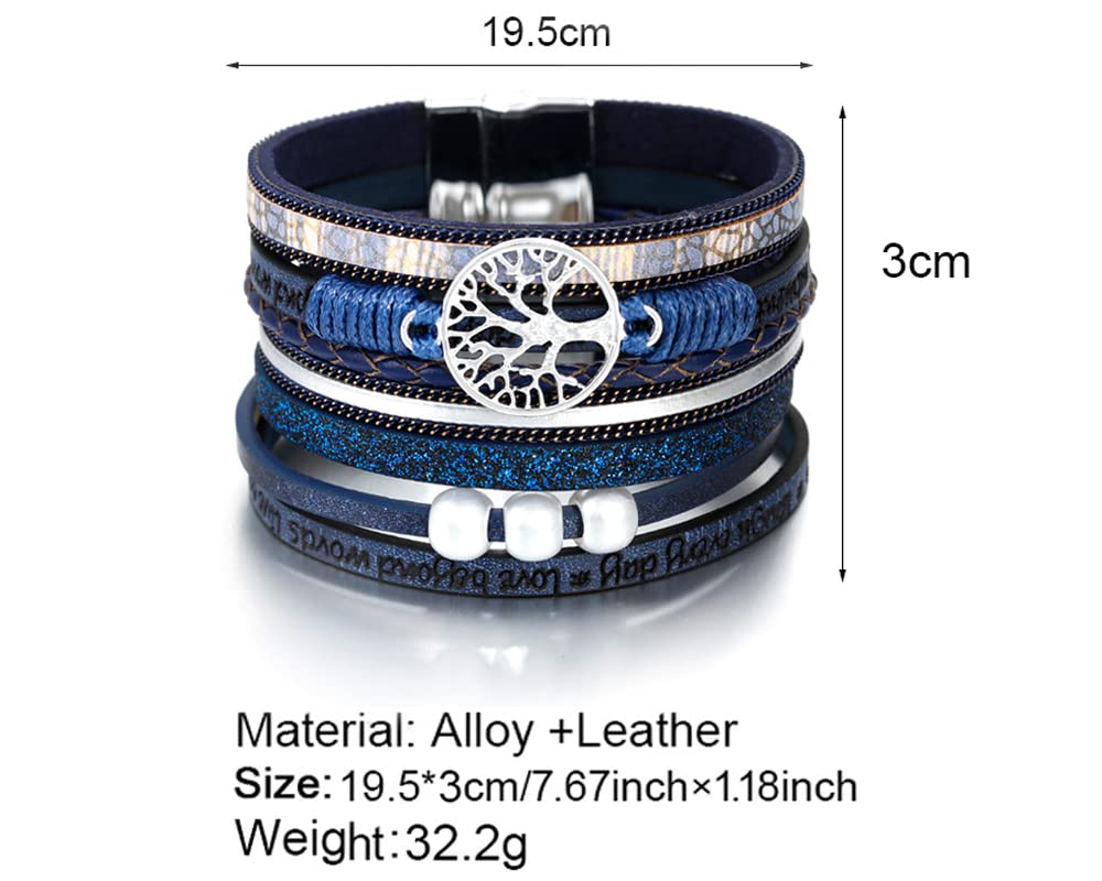 Fesciory Leather Wrap Bracelets for Women, Boho Leopard Multi-Layer Crystal Beads Cuff Bracelet Jewelry (Tree of Life(Blue))