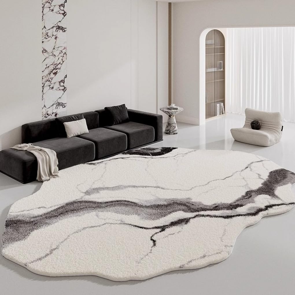 Beige White Gray Marble Texture Irregular Shaped Rug for Living Room Bedroom Nursery Machine Washable Shaggy Carpet Unique Aesthetic Art Deco Rugs Non Slip Under Dining Coffee Table Floor Mat 5x7