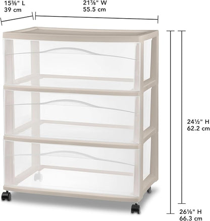 Sterilite 2 Pack Wide 3 Drawer Storage Cart, Rolling Organization, Grey | Clear Plastic Organizer Drawers with Wheels for Craft Supplies, Bath Essentials, or Home Accessories