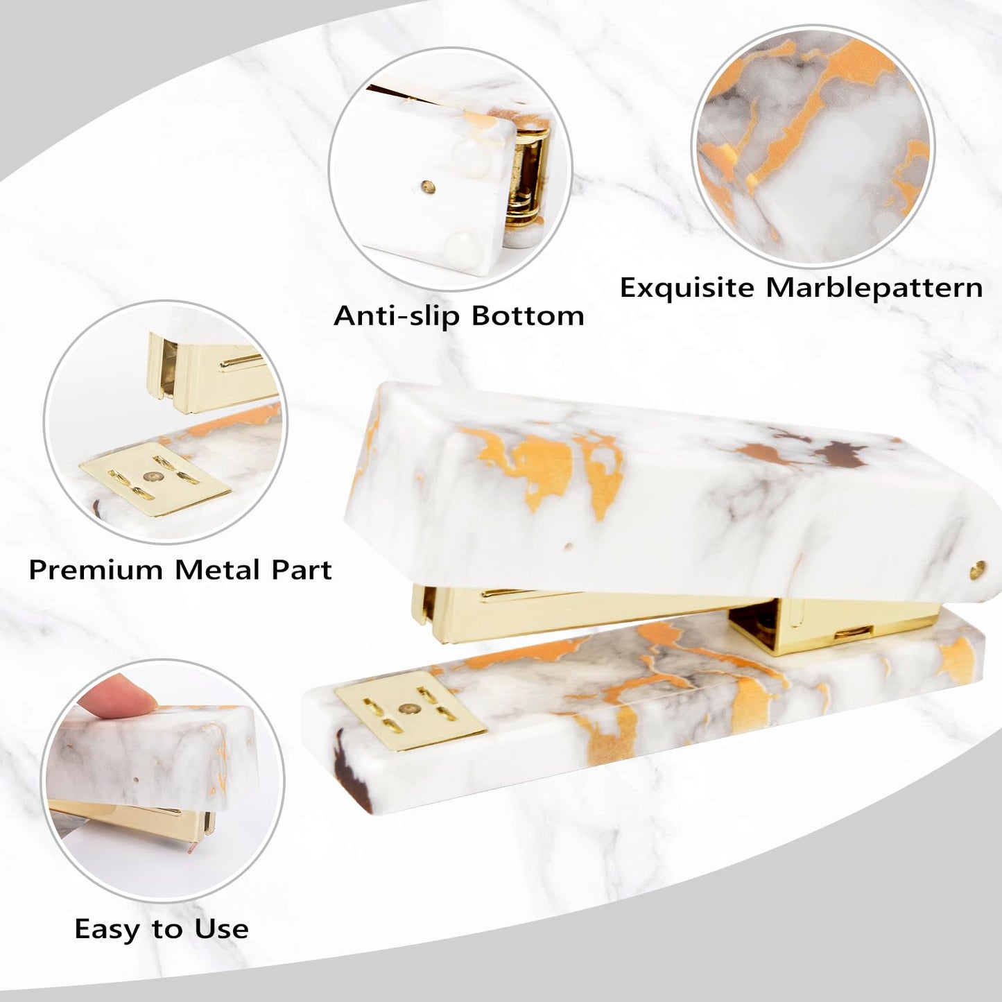 Office Desk Accessories Supplies - 13 Pcs Women Gold Marble Desk Decor Set, Cute Aesthetic Office Essentials Kit, Stapler Tape Dispenser Pen Organizer, Acrylic Mini Teacher Stuff for School Home Work