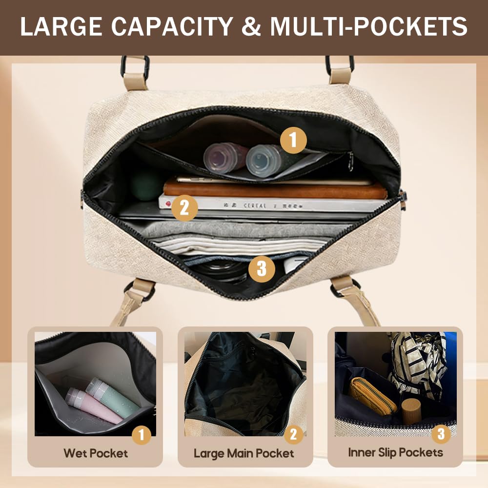 Travel Duffle Bag for Women, Canvas Carry On Weekender Overnight Bags with Wet Pocket, Gym Tote Bag for Business Trip Sports (Beige Black)
