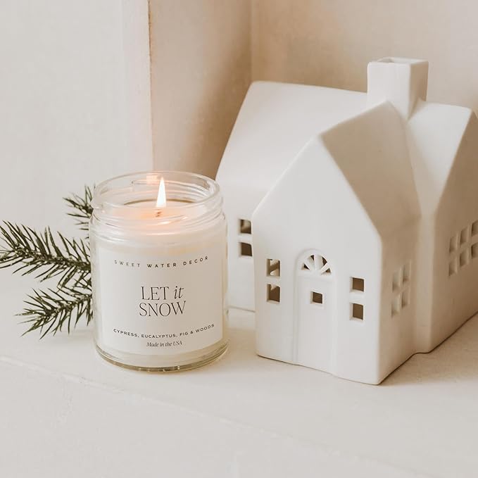 Sweet Water Decor Let it Snow Christmas Scented Candles - Christmas Stocking Stuffers Soy Candles with Cypress Scent - Christmas Candles with 40 Hours Burn Time - 9Oz Gold Lid Clear Jar Wax Candles