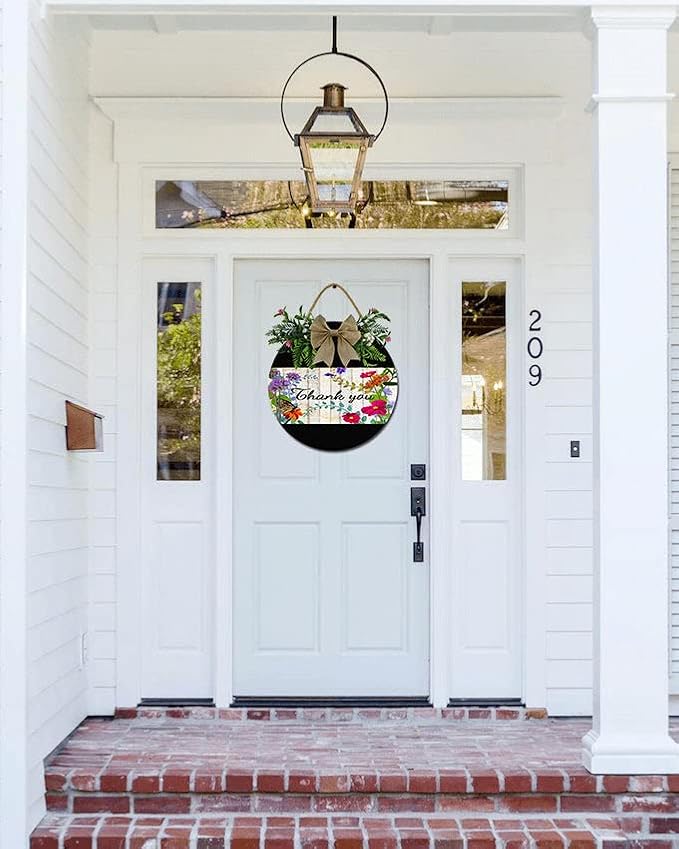 A Garden Thank You Front Door Sign Funny Wreaths Hanging Wooden Plaque Decoration Round Rustic Wood Farmhouse Porch Decor for Home Front Door Decor, 11 x 11 Inch