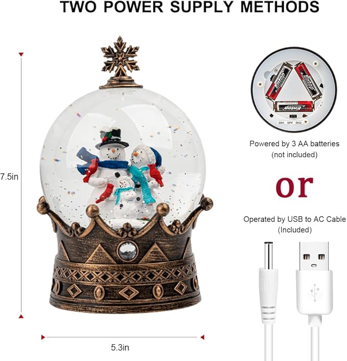 Christmas Snow Globe Lantern Water Glittering Snowman Family Crown with Music, USB Lined/Battery Operated Lighted Lantern for Christmas Festival Decoration Gifts